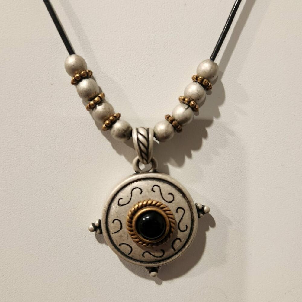 Boho Round Pendant Necklace Antiqued Silver Tone Metal Black Stone & Cord